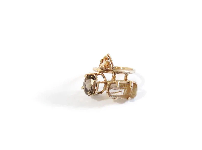 Elaine Ho 14K Gold Ring (Smokey Quartz, Spessartine Garnet & Rutilated Quartz) - Image 5