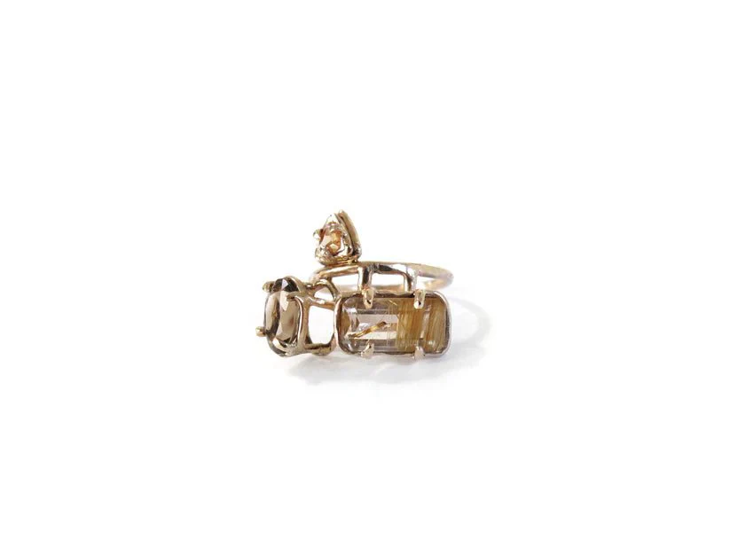 Elaine Ho 14K Gold Ring (Smokey Quartz, Spessartine Garnet & Rutilated Quartz) - Image 7