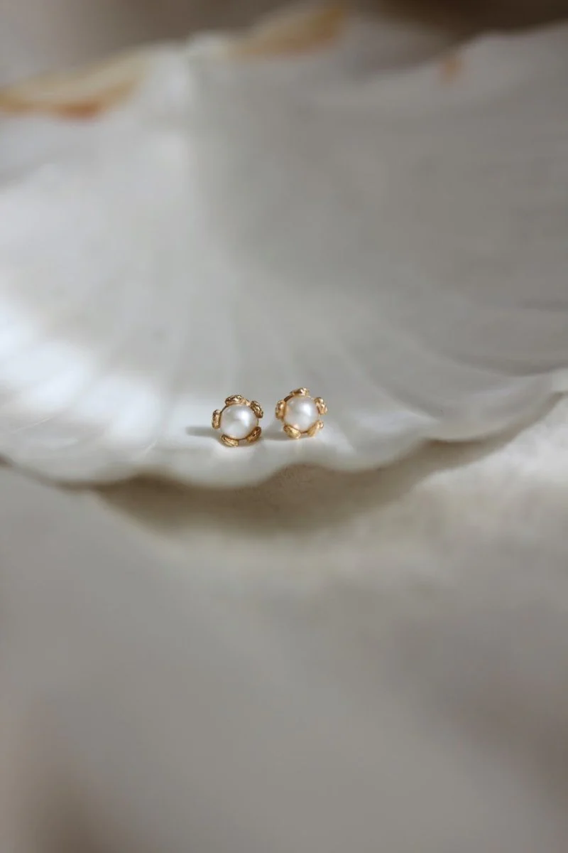 Little Gold Tiny Pearl Flower Studs